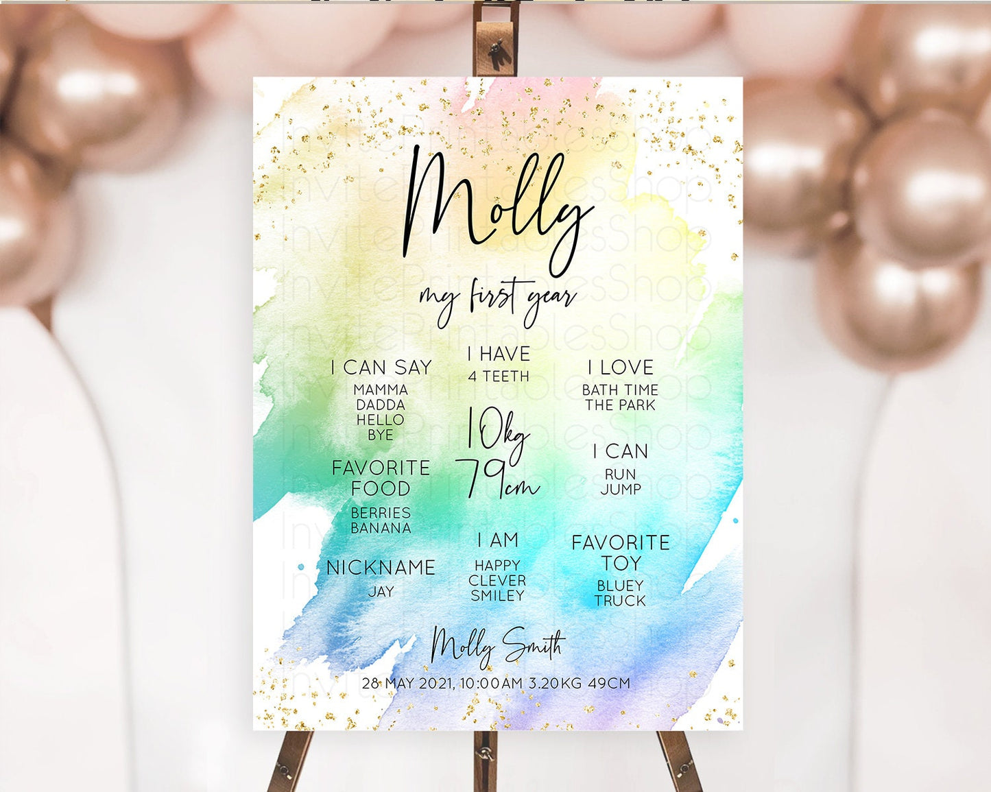 Pastel First Birthday Milestone Board Pastel Rainbow Milestone Poster Colorful Confetti Watercolor Glitter 1st Birthday Welcome Sign D10256