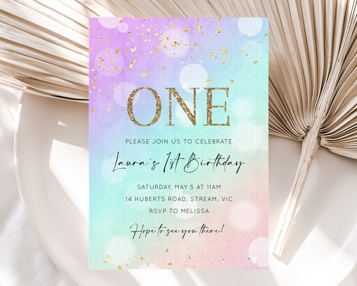 Rainbow Birthday Invitation Pastel Birthday Invite Ombre Watercolor Invite Enchanted Theme Colorful Splash Glitter Sprinkles 1st 2nd 3rd