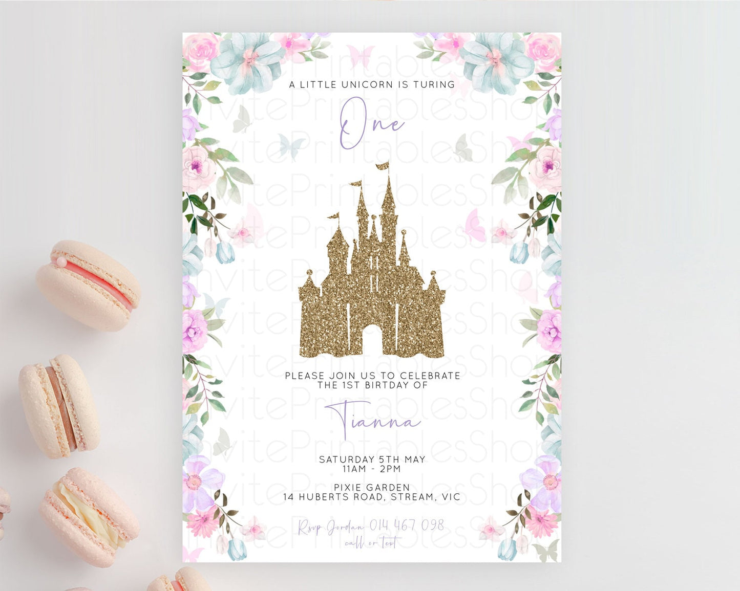 Princess Birthday Invitation Castle Invitation Royal Birthday Fairy Tale Enchanted Castle Pastel Floral Garden 1st First Birthday D10470