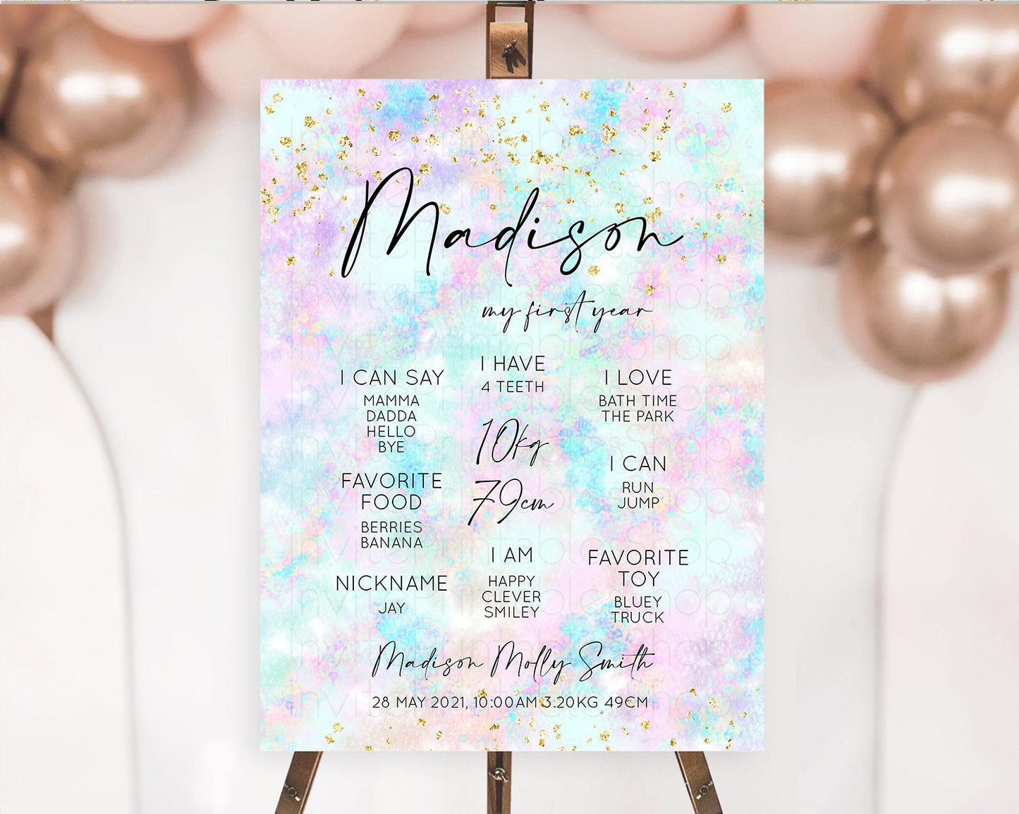 Pastel First Birthday Milestone Board Pastel Rainbow Milestone Poster Colorful Confetti Watercolor Glitter 1st Birthday Welcome Sign D10652