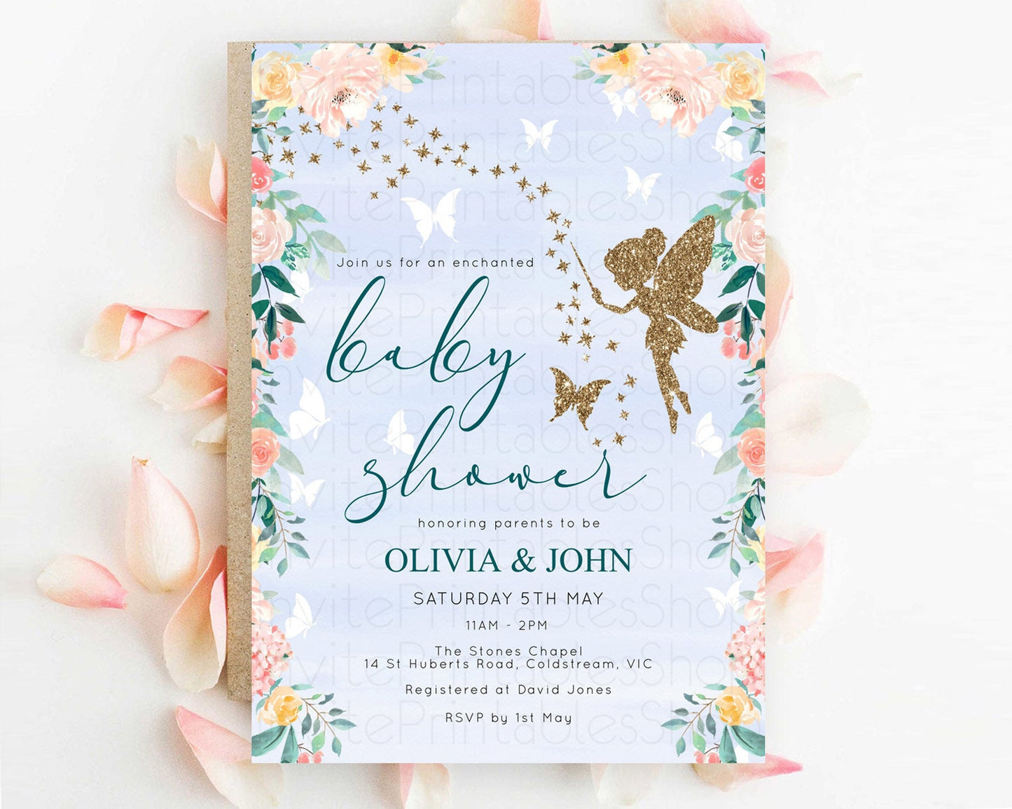 Fairy Baby Shower Invitation, Secret Garden, Fairy Garden Party, Magical Butterflies, Pink Orange Greenery, Floral, Blue Watercolor D10794