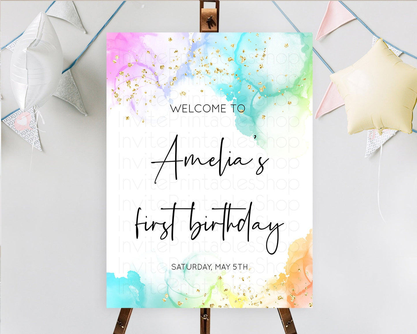 Pastel Welcome Sign Pastel Rainbow Welcome Sign Colorful Rainbow Confetti Watercolor Glitter Pastel First Birthday Welcome Sign D10181