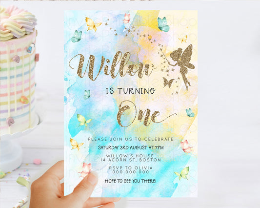 Pastel Fairy Birthday Invitation Pastel Butterflies Fairy Birthday Invitation Rainbow Ombre Watercolor 1st 2nd Birthday Invitation D23348