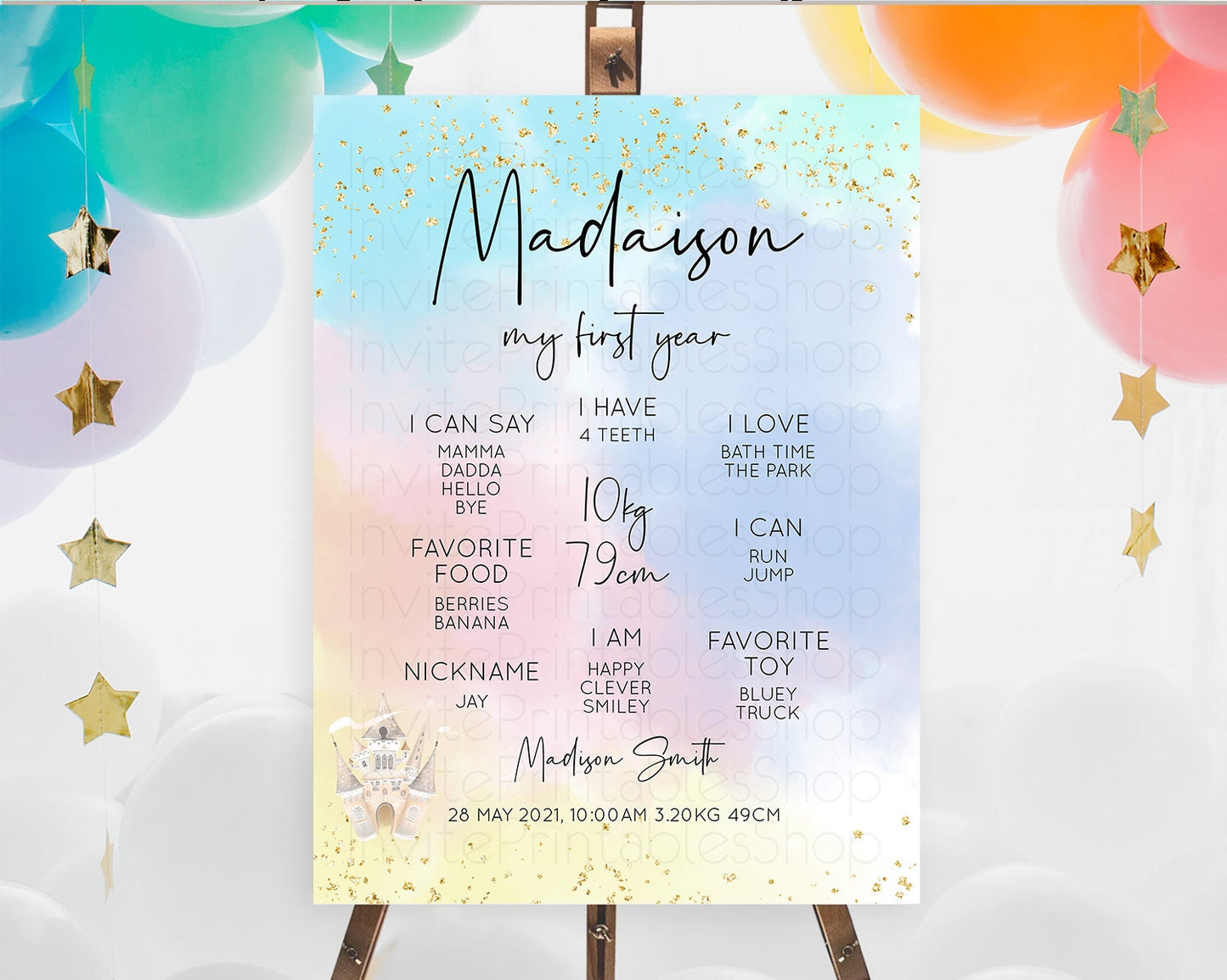 Pastel First Birthday Milestone Board Pastel Rainbow Milestone Poster Colorful Confetti Watercolor Glitter 1st Birthday Welcome Sign D10376
