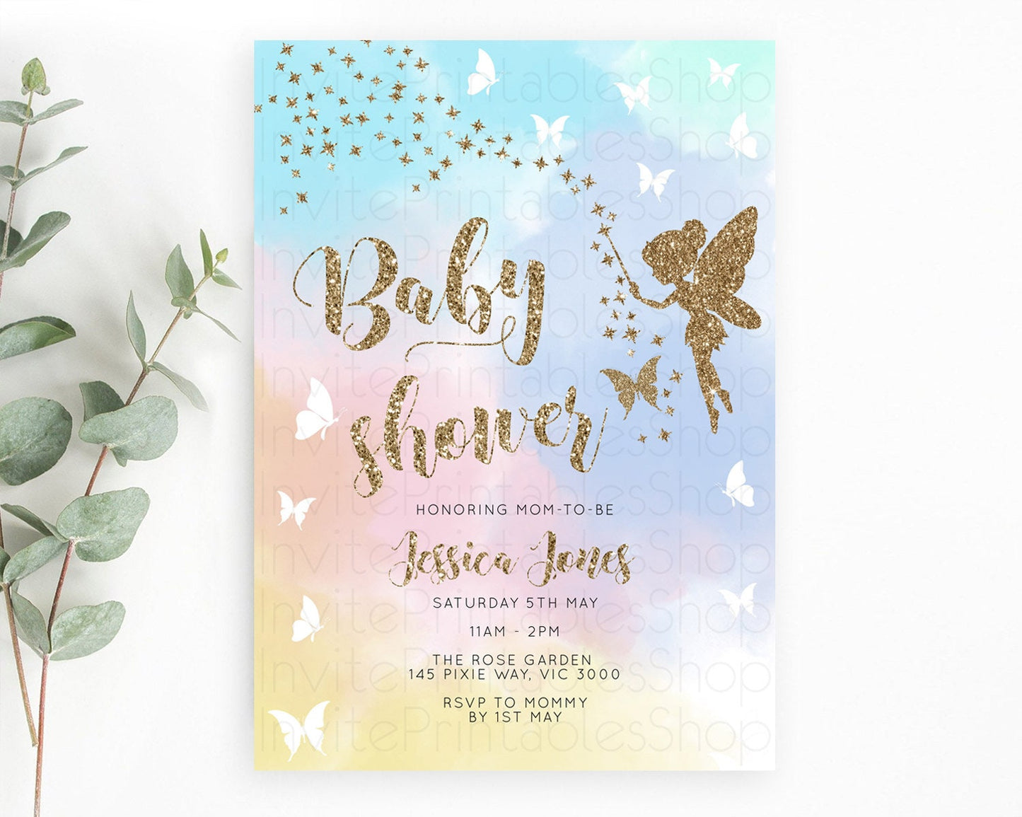 Fairy Baby Shower Invitation Pastel Fairy Invites Fairy Tea Party Fairy Garden Theme Secret Garden Enchanted Garden Floral Butterfly D10894