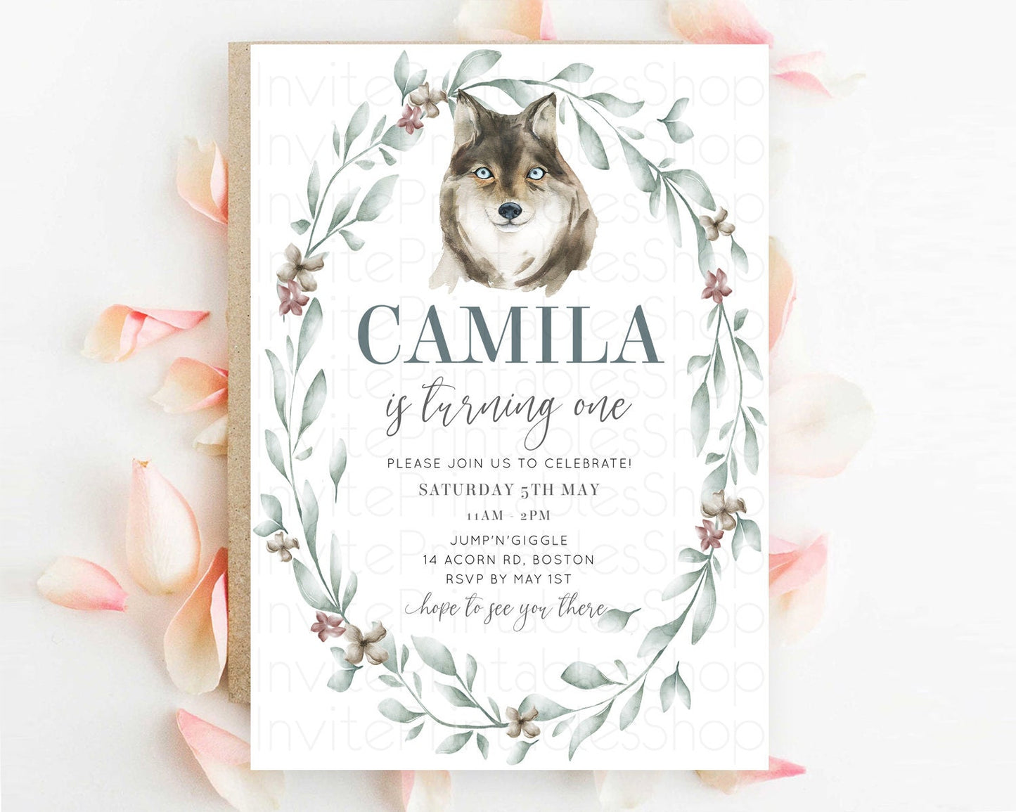 Wolf Birthday Invitation Wolf Invitation Pastel Wolf Birthday Enchanted Forest Woods Wolf Floral Invitation Howling Birthday Party 100204