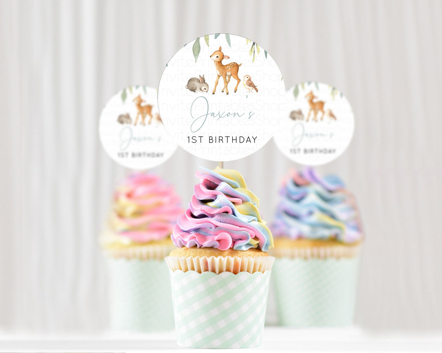 Fawn Cupcake Toppers Deer Cupcake Toppers Enchanted Forest Party Butterfly Pastel Flowers Woofland Cupcake Toppers First Birthday D10919