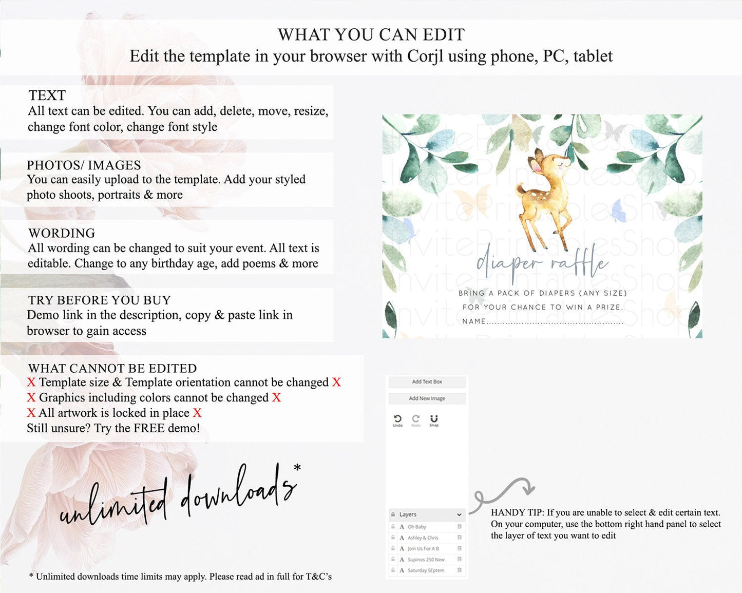 Fawn Diaper Raffle Card Deer Diaper Insert Floral Deer Diaper Ticket Enchanted Forest Butterfly Pastel Baby Shower Raffle Game D10767
