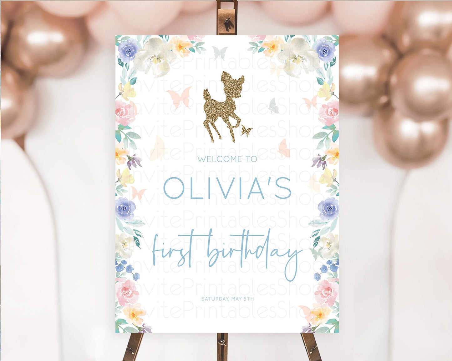 Fawn Welcome Sign Deer Welcome Board Floral Deer Welcome Poster Enchanted Forest Butterfly Pastel Floral First Birthday Welcome Sign D10878