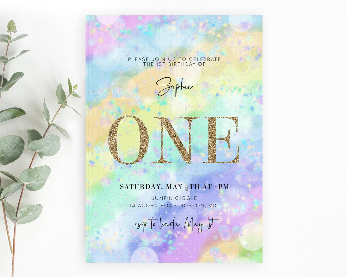 Rainbow Birthday Invitation Colorful Pastel Watercolor Invitation Gold Glitter Sprinkles Ombre Pastel 1st 2nd 3rd Birthday D10689