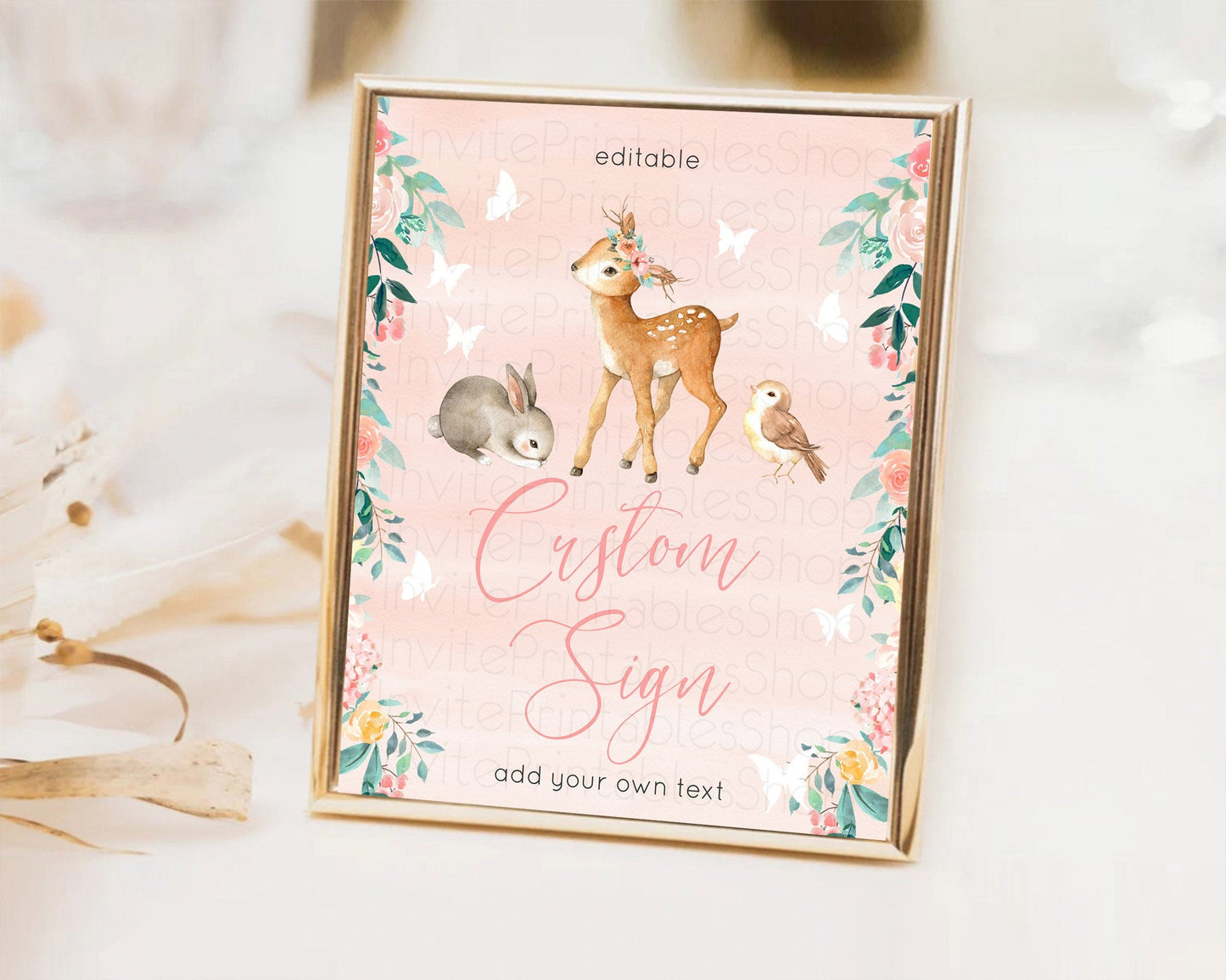 Fawn Deer Sign Pastel Floral Deer Table Sign Decor Enchanted Forest Butterfly Party 1st Birthday Baptism Baby Shower Bridal Shower D10921