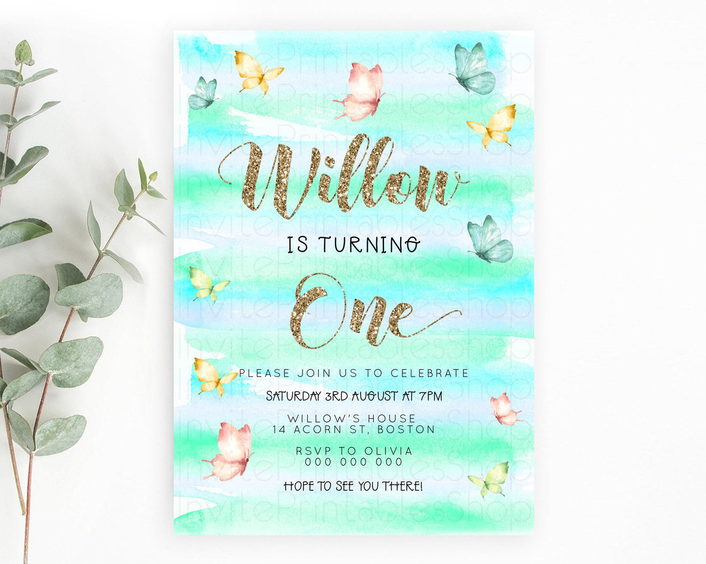 Pastel Butterfly Birthday Invitation Butterfly Birthday Invitation Colorful Splash Glitter Butterfly Garden 1st 2nd Birthday D23220