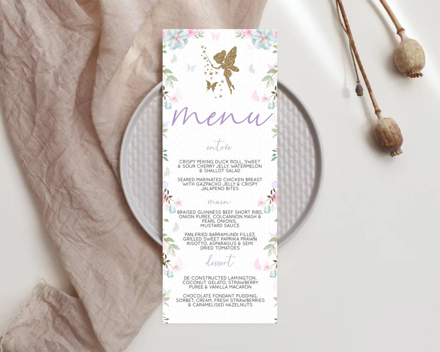 Fairy Menu Fairy Menu Template Enchanted Garden Pastel Floral Butterfly Table Décor Fairy Secret Garden Dinner Dessert Food Menu D10475