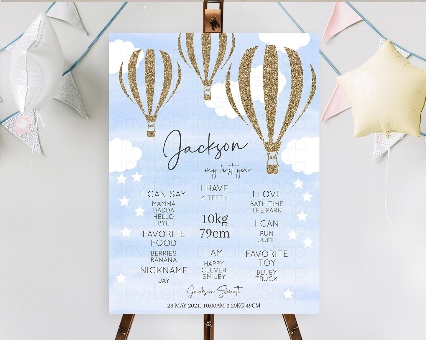 Hot Air Balloon First Birthday Milestone Poster Hot Air Balloon Milestone Board Adventure Awaits Blue Watercolor 1st Birthday Boy D10333