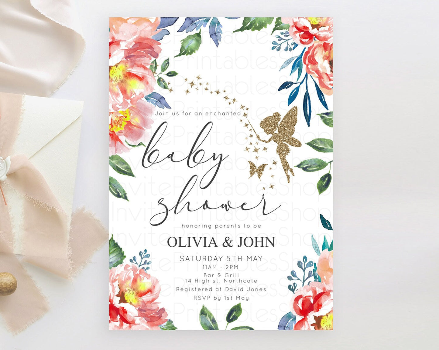 Fairy Baby Shower Invitation Pastel Fairy Invites Fairy Tea Party Fairy Garden Theme Secret Garden Enchanted Garden Floral Butterfly D10752