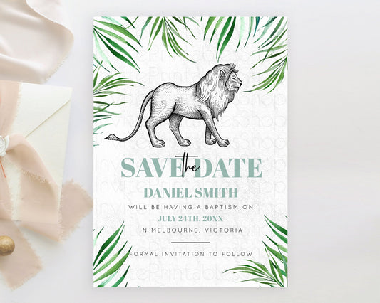 Lion Save The Date Template Lion Safari Adventure Party Dried Palm Ferns Zoo 1st Birthday Baptism Baby Shower Bridal Shower Wedding D10845