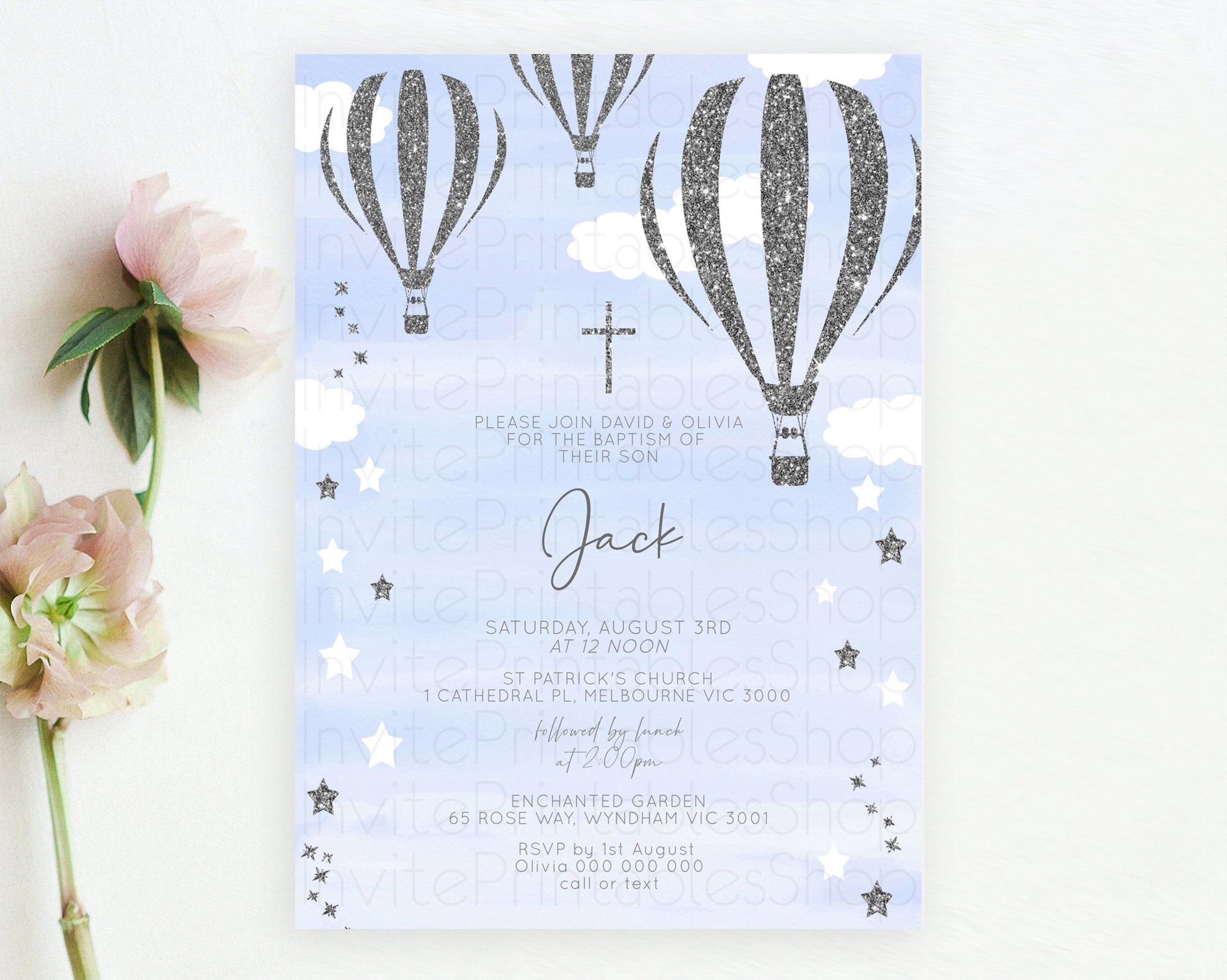 Editable Hot Air Balloon Baptism Invitation Hot Air Balloon Baptism Birthday