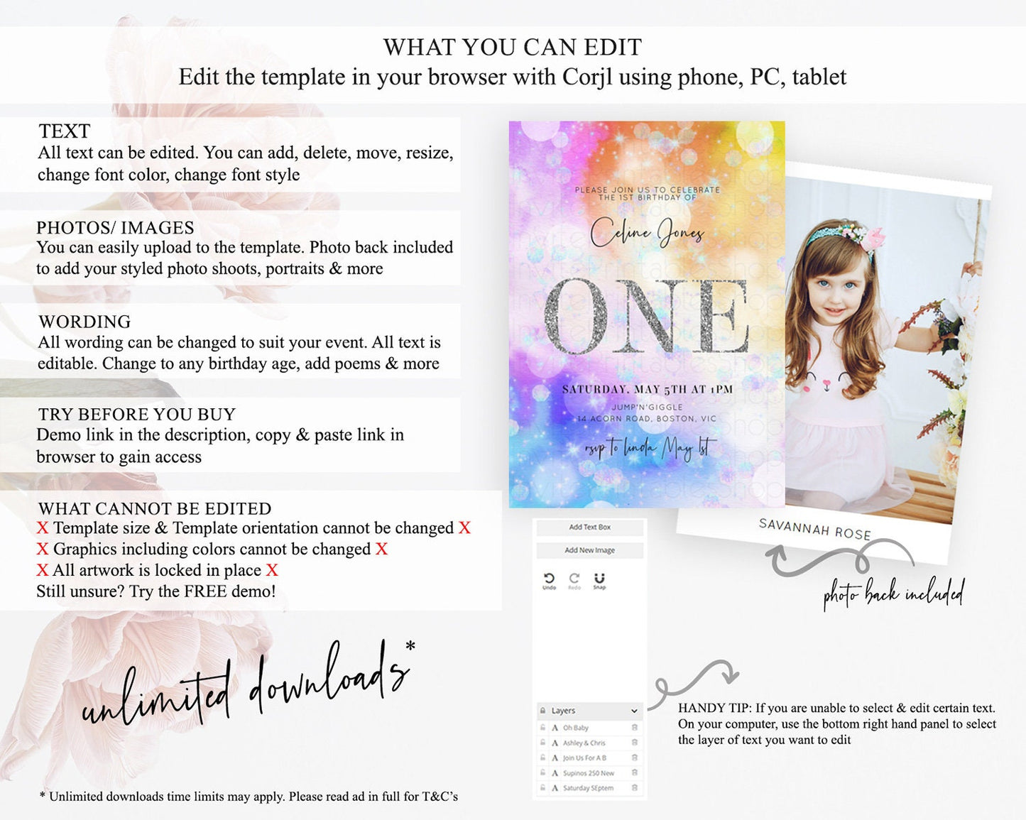 Rainbow Birthday Invitation Colorful Pastel Watercolor Silver Glitter Sprinkles Ombre Pastel Invitation 1st 2nd 3rd First Birthday D10690