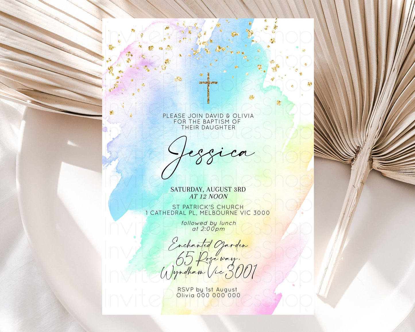 Pastel Baptism Invitation Pastel Colors Watercolor Baptism 1st Birthday Party Gold Ombre Pastel Rainbow Christening Holy Communion D10640