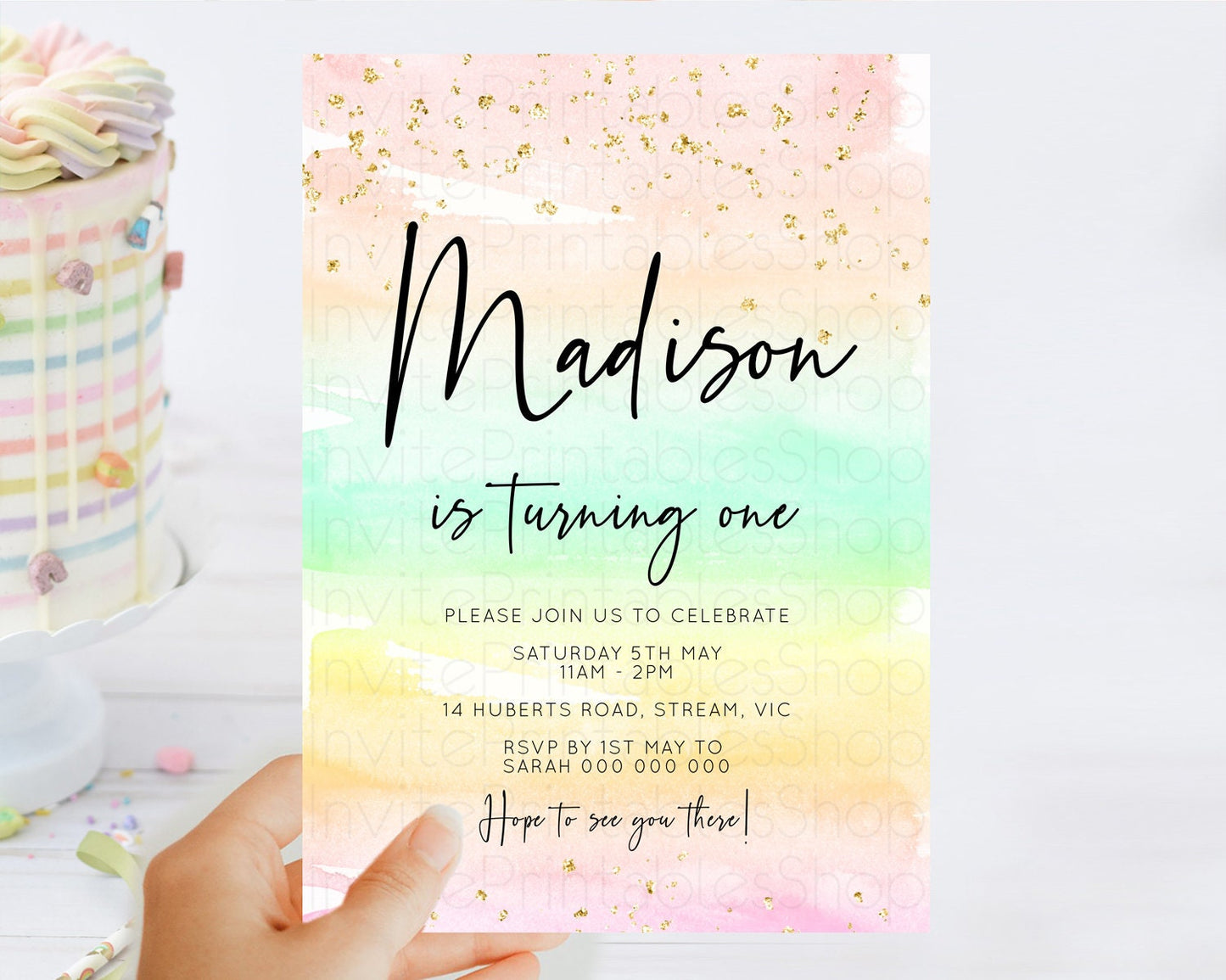 Rainbow Birthday Invitation Colorful Pastel Watercolor Invitation Gold Glitter Sprinkles Ombre Pastel 1st 2nd 3rd Birthday D10591