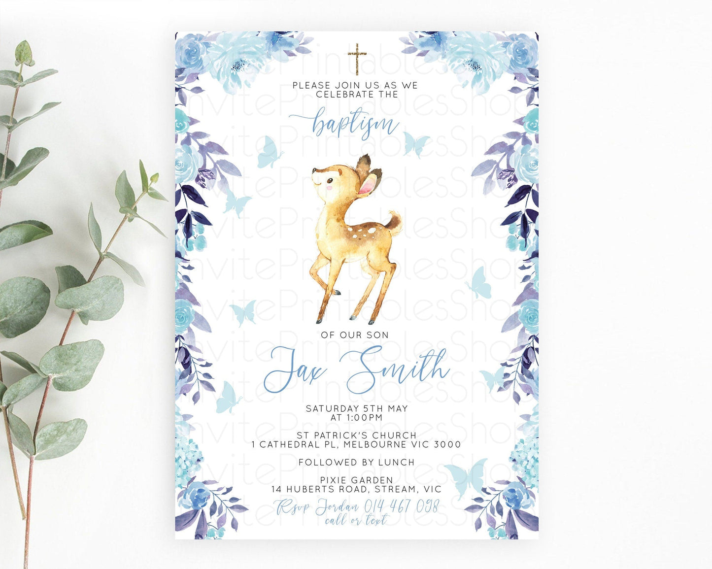 Fawn Baptism Invitation Deer Baptism 1st Birthday Invitation Enchanted Forest Christening Invitation Pastel Garden Butterfly Floral D10917