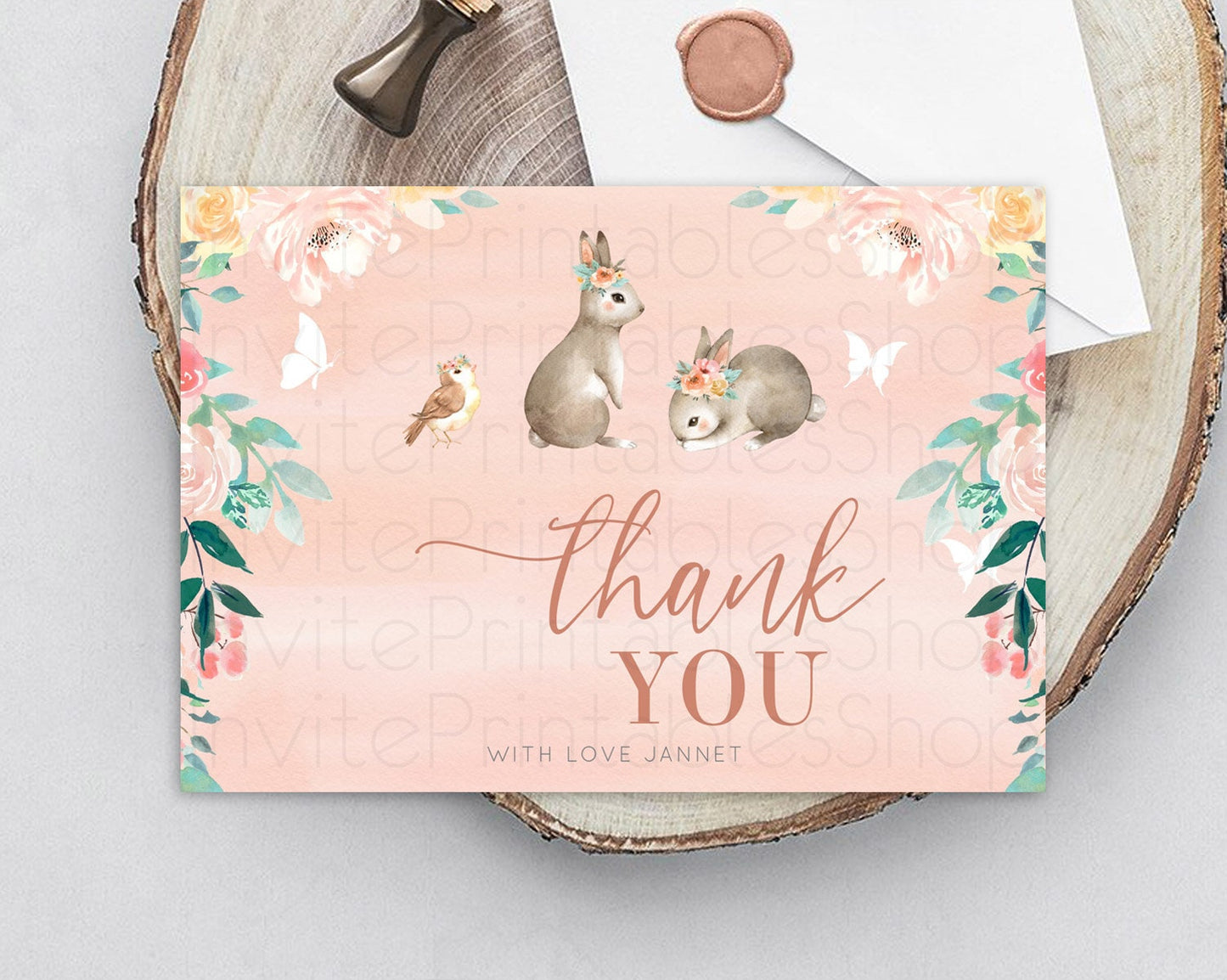 Bunny Thank You Floral Bunny Thank You Card Pastel Flowers Bunny Birthday Thank You Card Secret Garden Bunny Teacher Thank You Cards D10922