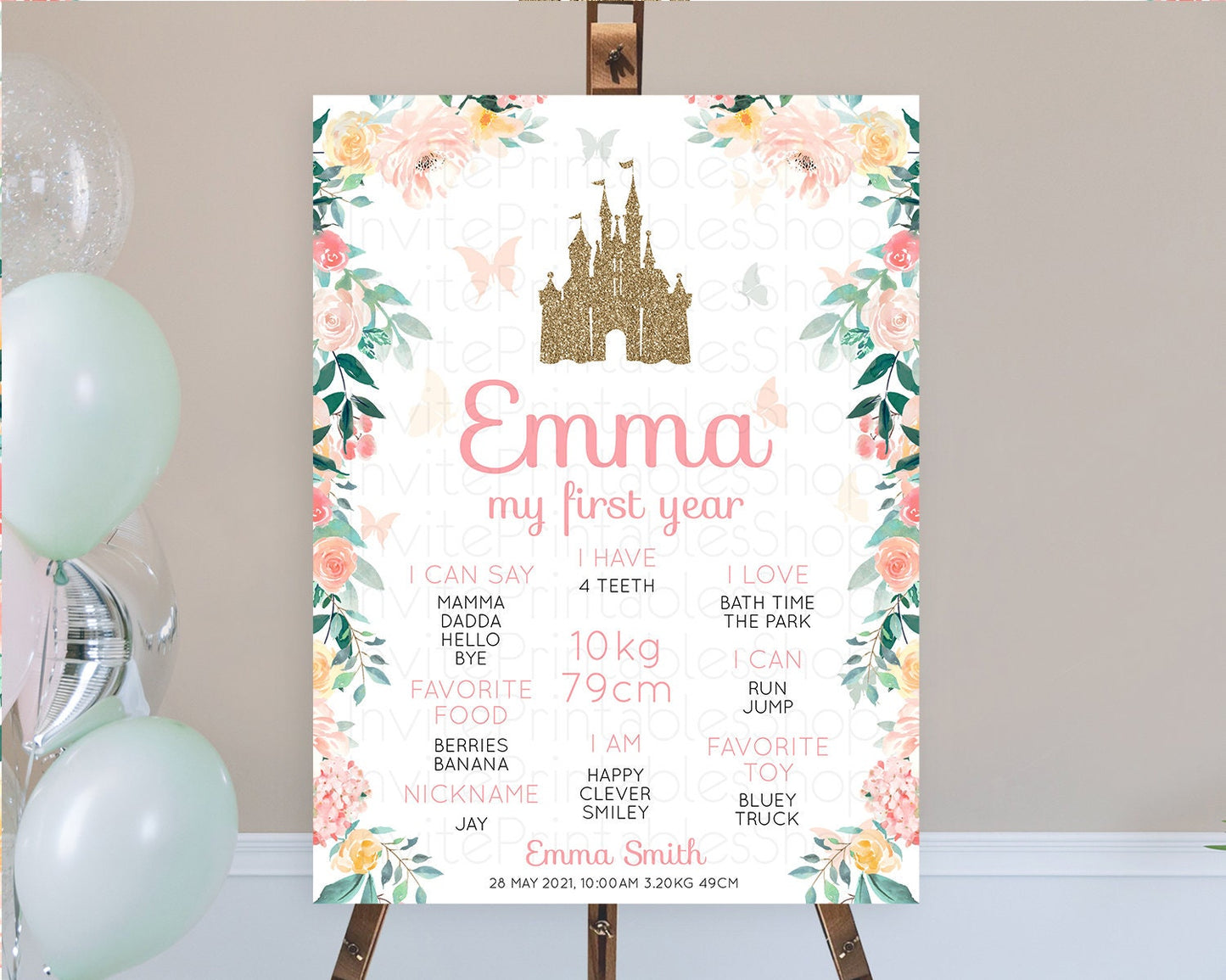 Editable Princess First Birthday Milestone Poster Castle Milestone Board Sec