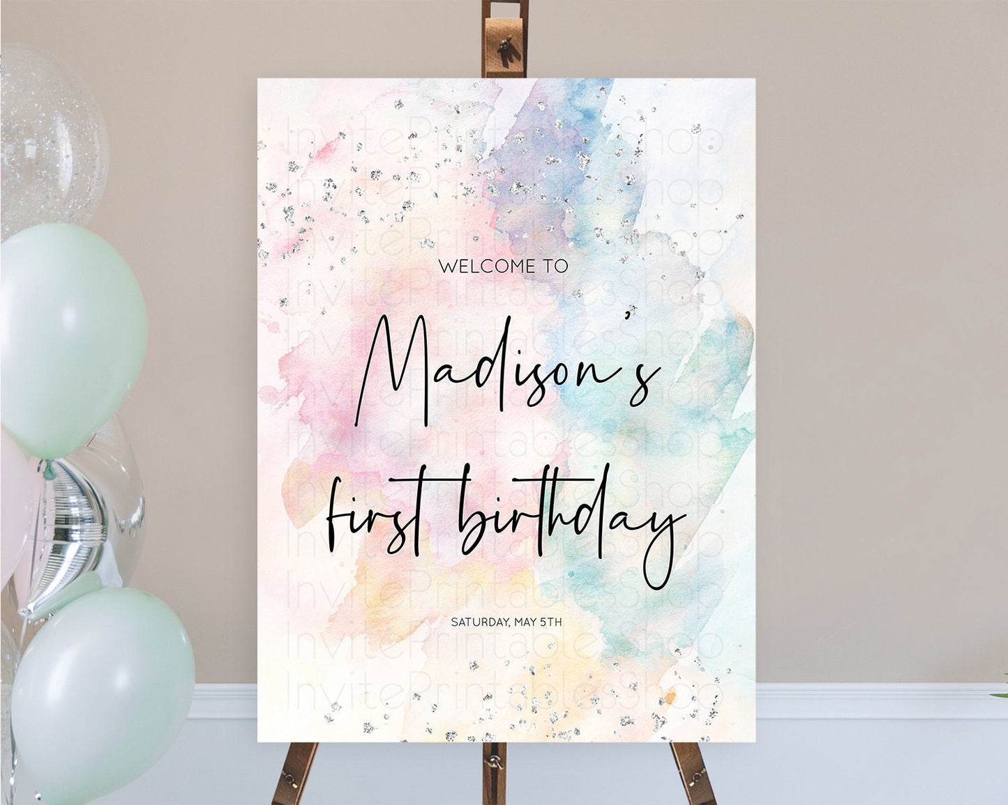 Pastel Rainbow Welcome Sign Pastel Welcome Board Pastel Colorful Party Poster Confetti Watercolor Silver First Birthday Welcome Sign D10945