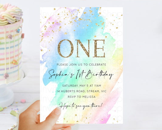 Rainbow Birthday Invitation Colorful Pastel Watercolor Invitation Gold Glitter Sprinkles Ombre Pastel 1st 2nd 3rd Birthday D10640