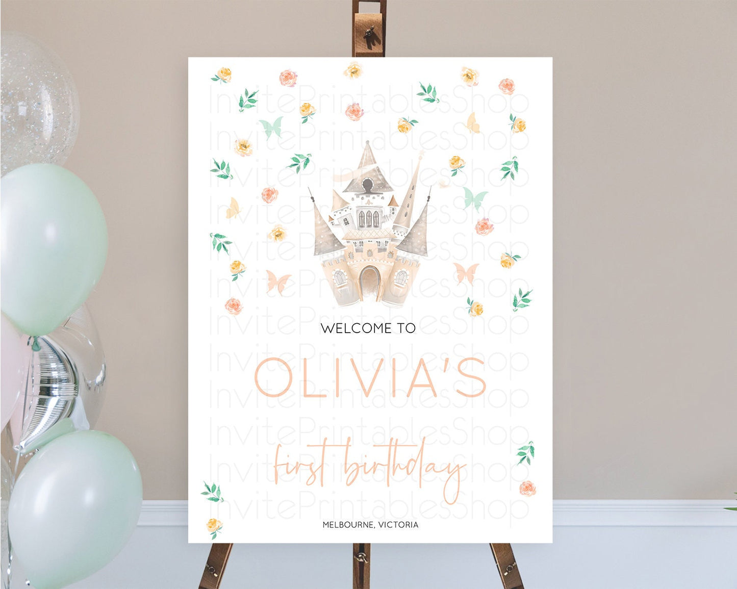 Princess Birthday Welcome Sign Castle Welcome Board Secret Garden Enchanted Castle Pastel Floral Garden First Birthday Welcome Sign D10363