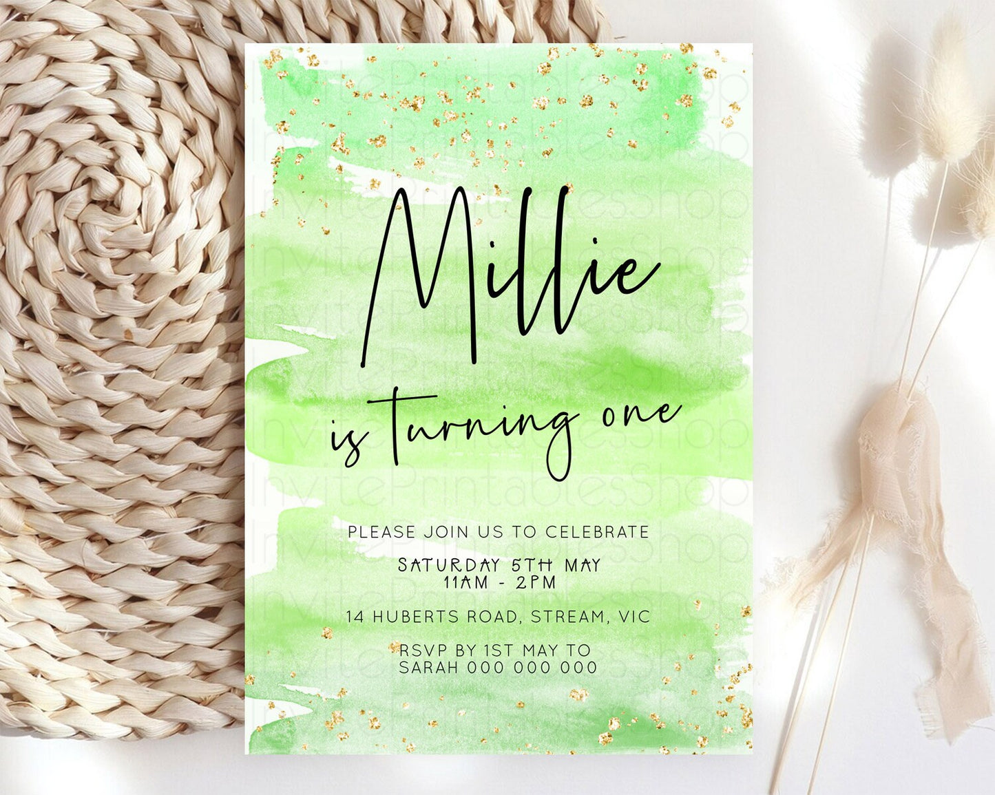 Editable Green Birthday Invitation green Watercolor Invitation Pastel green