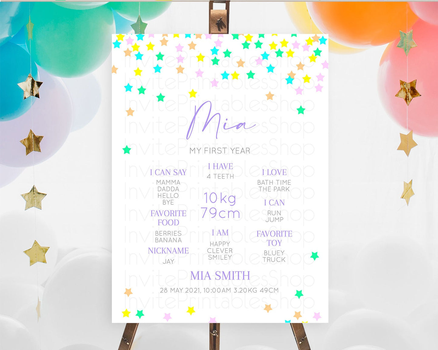 Star First Birthday Milestone Poster Pastel Stars Milestone Shooting Star Rainbow Colorful Confetti Twinkle Little Star 1st Birthday D10395