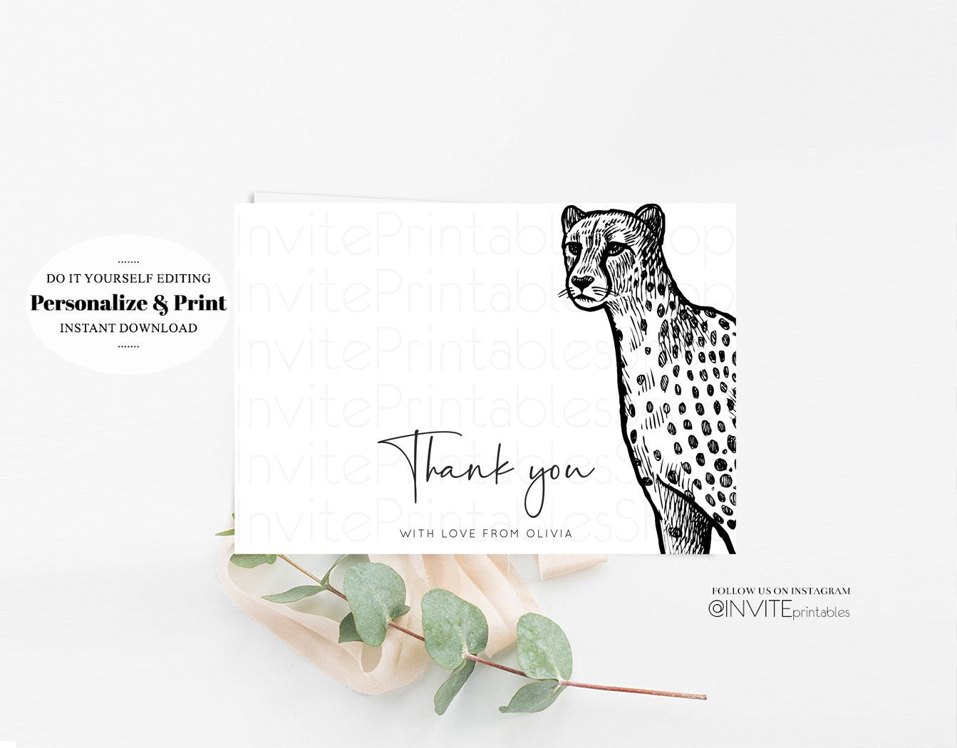 Cheetah Thank You Card Watercolor Cheetah Tropical Jungle Safari Adventure Zoo Wild Animal Detail Insert Card Note Message Card Birthday