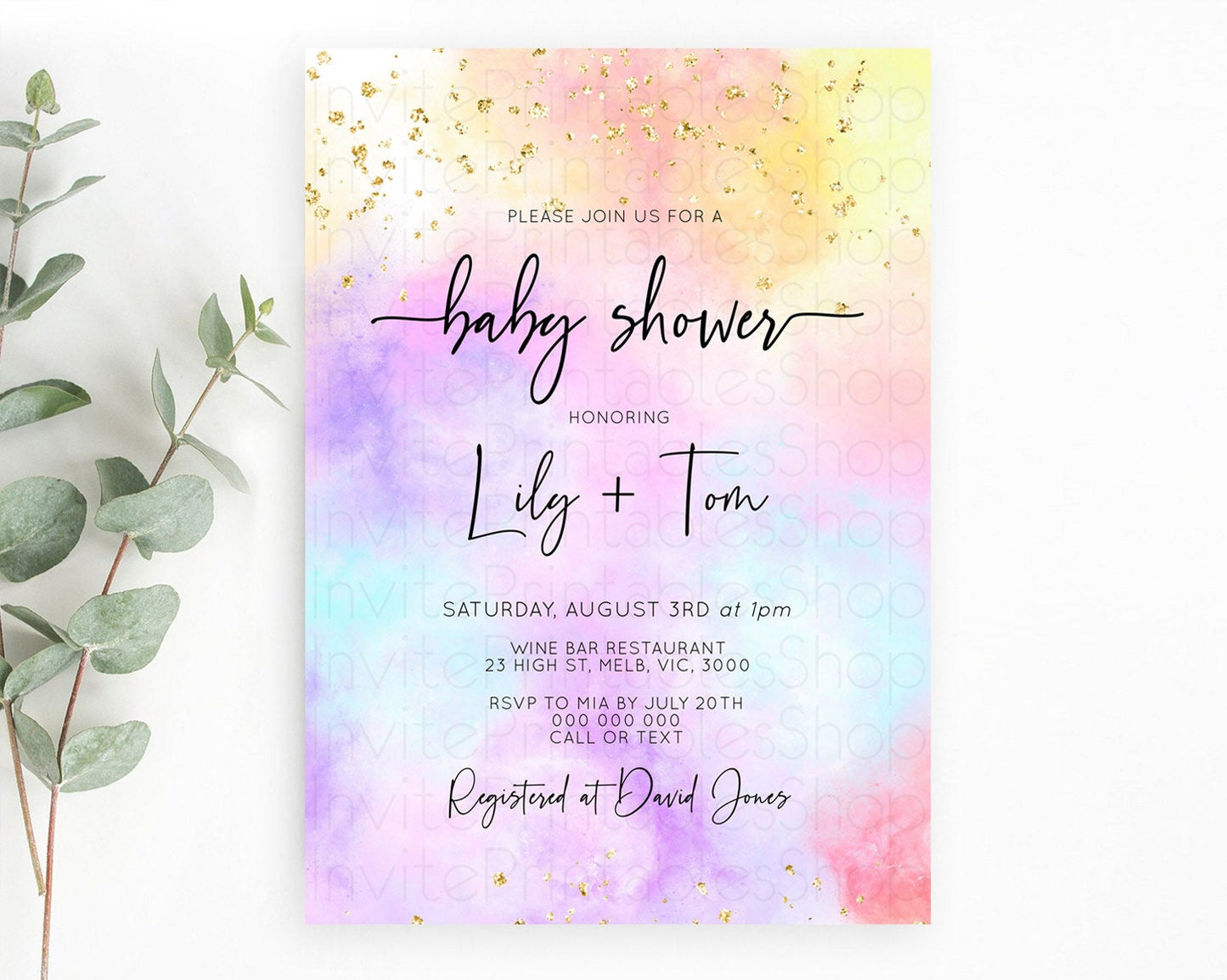 Pastel Baby Shower Invitation Rainbow Baby Shower Invitation Colorful Pastel Watercolor Invitation Gold Glitter Sprinkles Ombre D10437