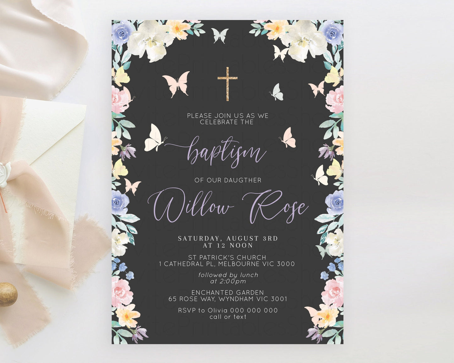 Secret Garden Baptism Invitation Wildflower Baptism Birthday Invite Pastel Flowers Christening Invite Enchanted Garden Boho Floral  D10322