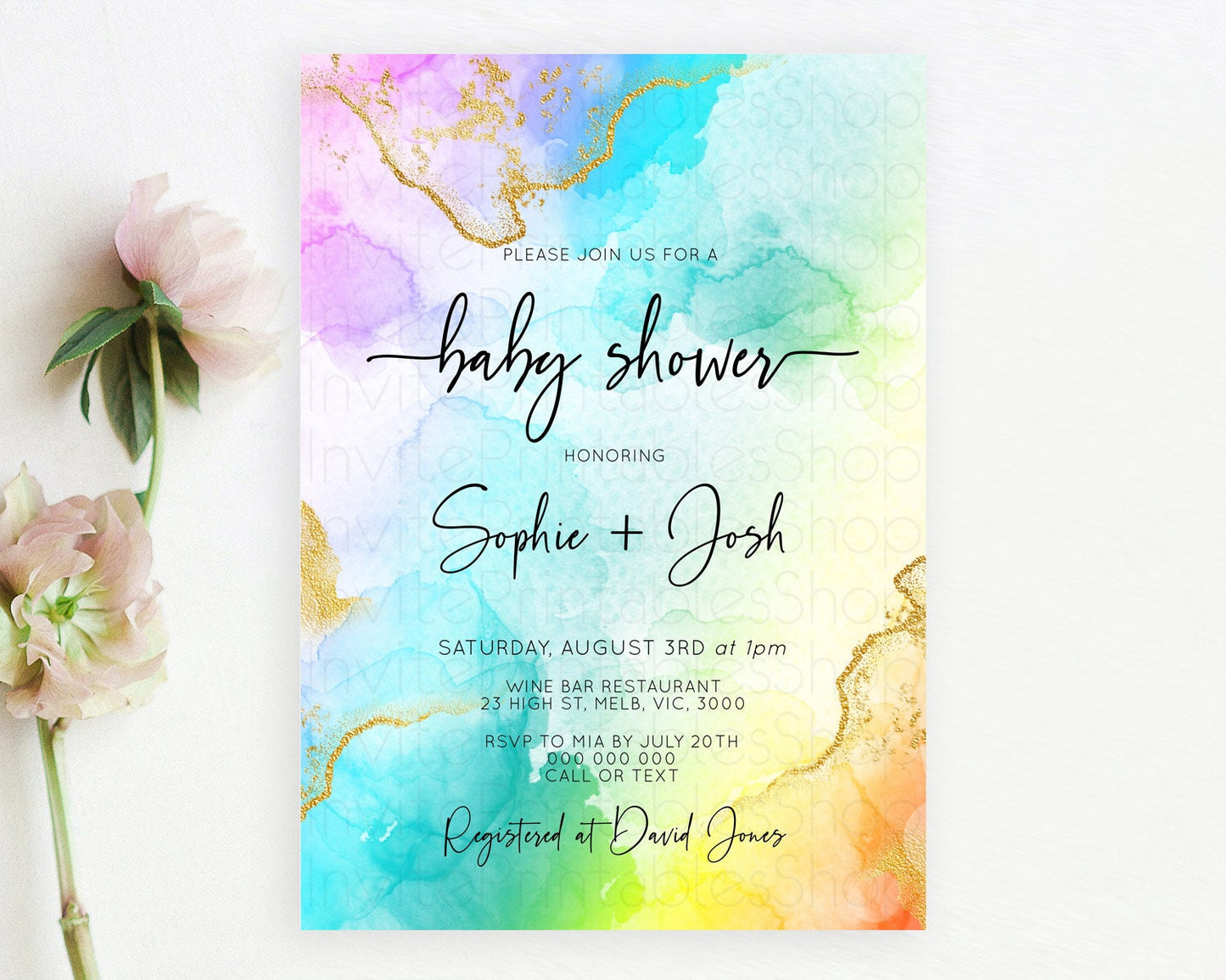 Pastel Baby Shower Invitation Rainbow Baby Shower Invitation Colorful Pastel Watercolor Invitation Gold Glitter Sprinkles Ombre D10390