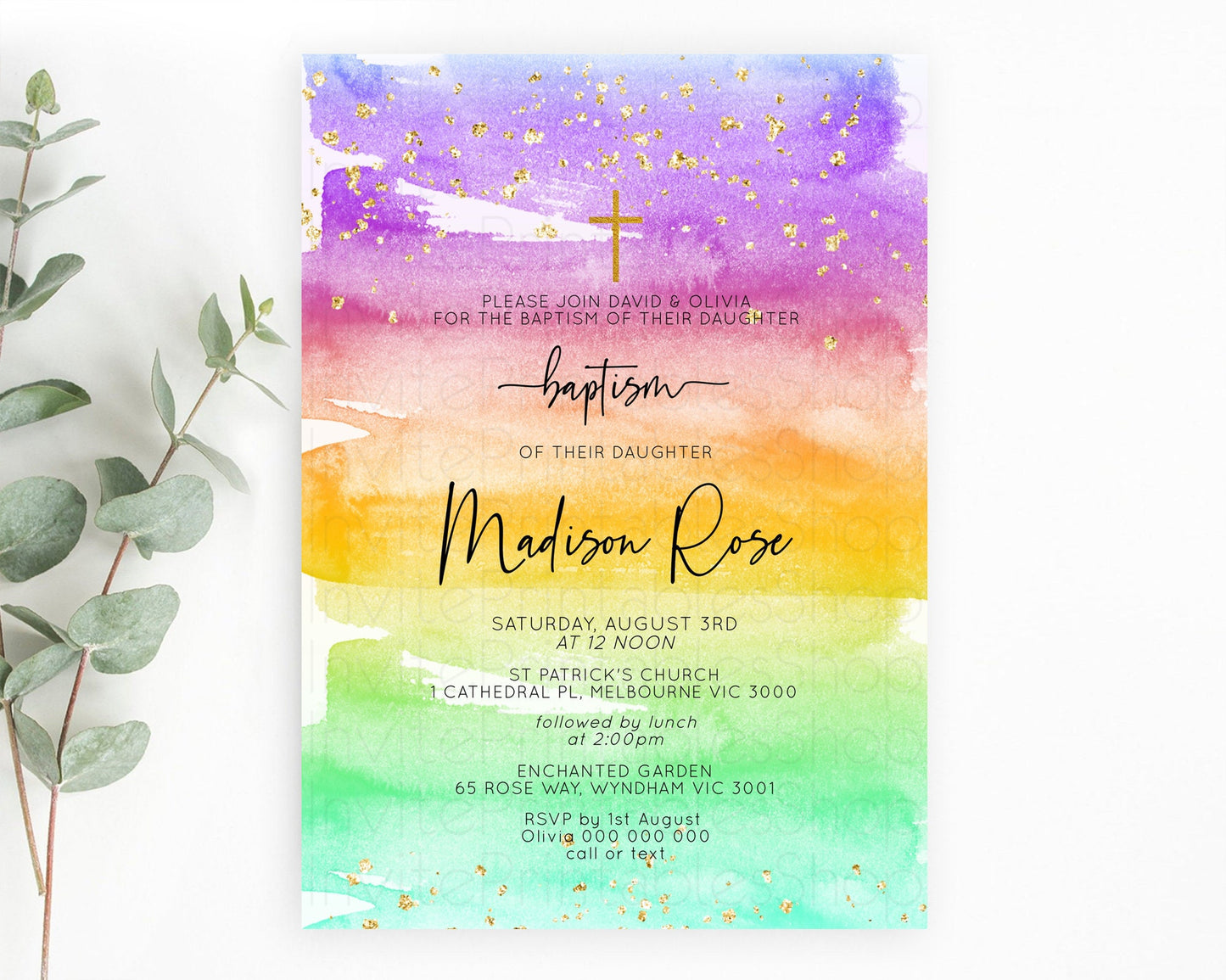 Pastel Baptism Invitation Pastel Colors Watercolor Baptism 1st Birthday Party Gold Ombre Pastel Rainbow Christening Holy Communion D10524