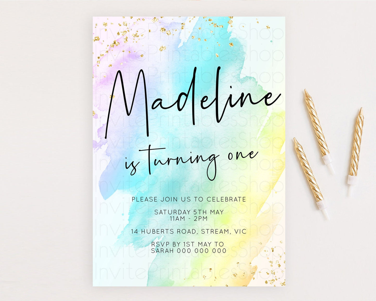 Rainbow Birthday Invitation Colorful Pastel Watercolor Invitation Gold Glitter Sprinkles Ombre Pastel 1st 2nd 3rd Birthday D10171