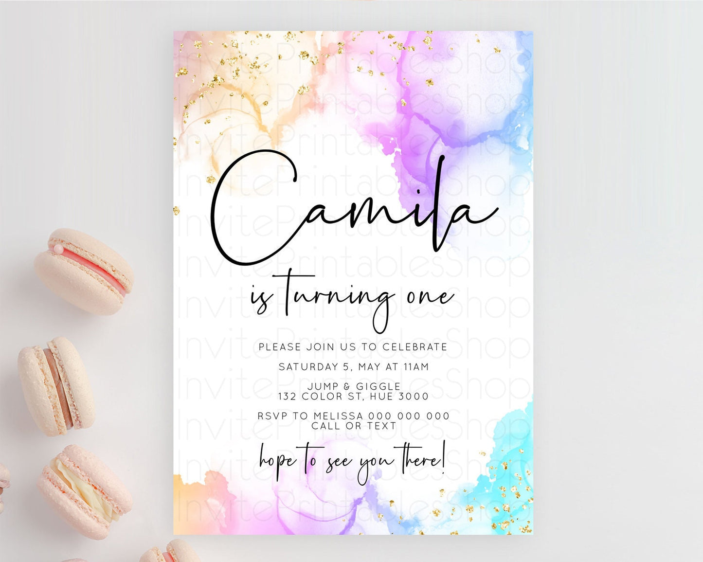 Rainbow Birthday Invitation Colorful Pastel Watercolor Invitation Gold Glitter Sprinkles Ombre Pastel 1st 2nd 3rd Birthday D10180