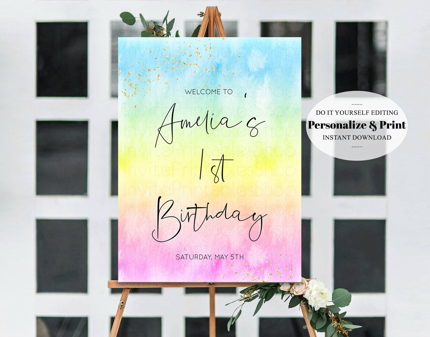 Rainbow Welcome Board Watercolor Pastel Welcome Sign Colorful Glitter Poster 1st Birthday Poster Baby Shower Sign Bridal Shower Sign