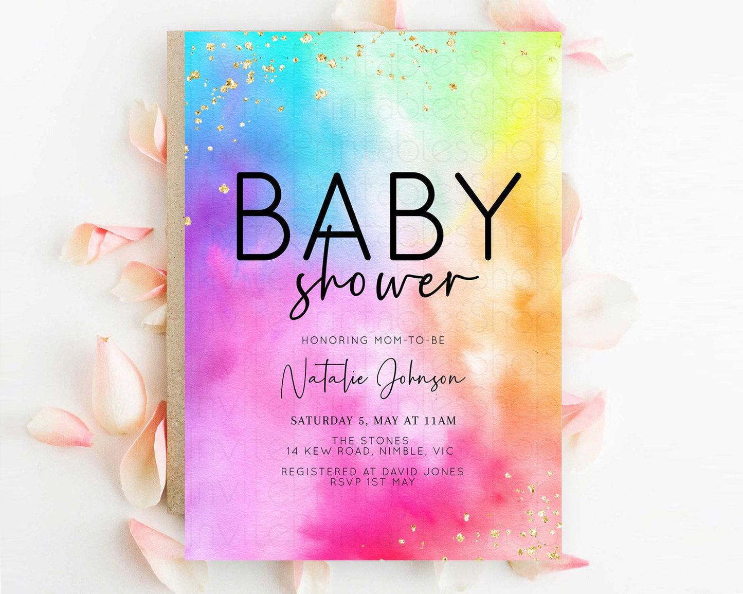 Pastel Baby Shower Invitation Rainbow Baby Shower Invitation Colorful Pastel Watercolor Invitation Gold Glitter Sprinkles Ombre D10456