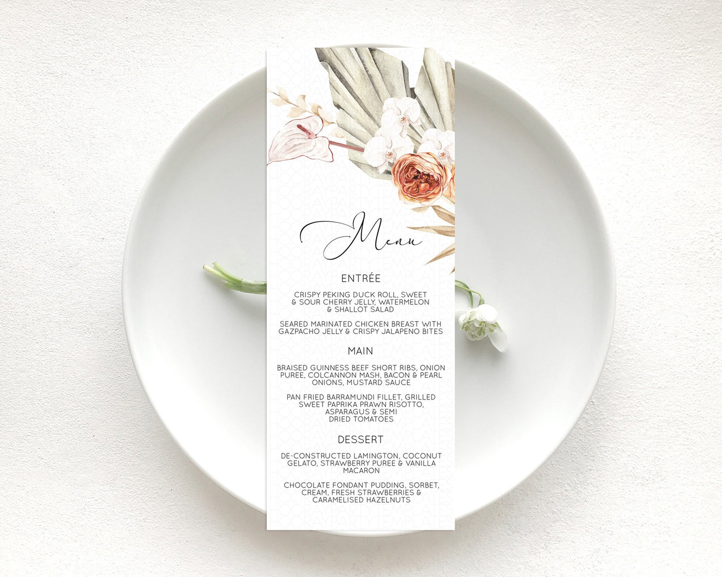 Tropical Menu Template Tropical Menu Palm Leaf Fern Table Decor Frangipani Floral White Orchid Dinner Dessert Menu Party Food Menu D11070