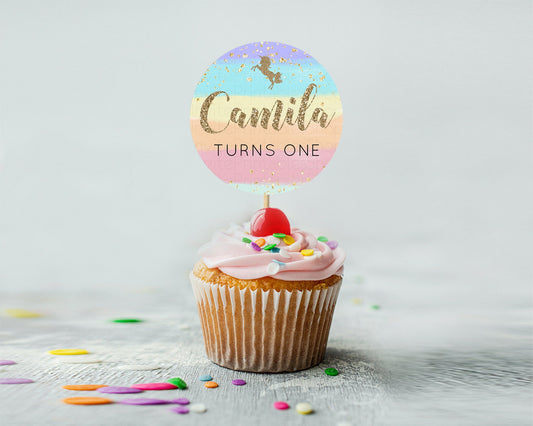 Editable Unicorn Rainbow Cupcake Topper Pastel Unicorn Decor Magical Unicron