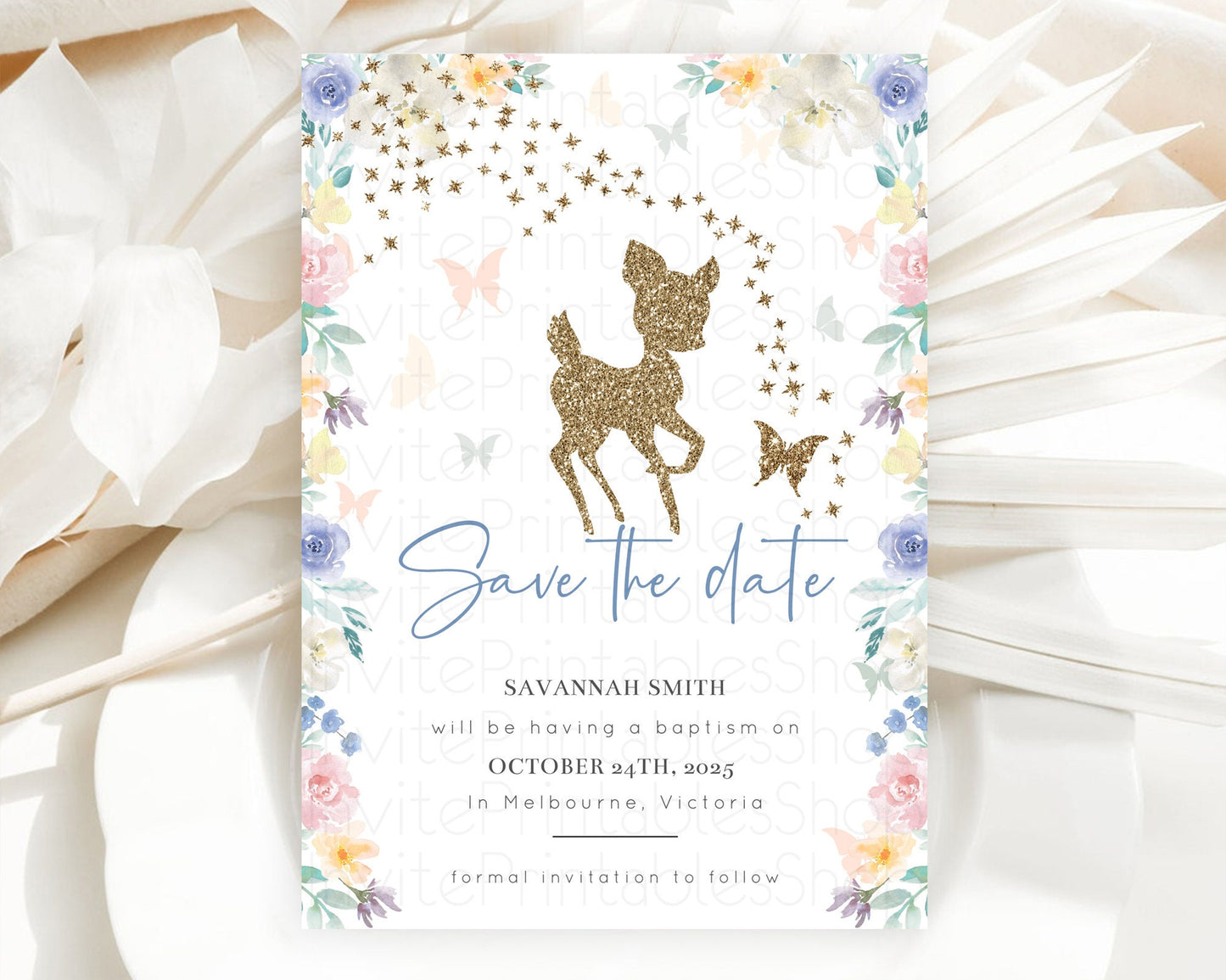 Fawn Deer Save The Date Template Pastel Floral Deer Enchanted Forest Butterfly Party 1st Birthday Baptism Baby Shower Bridal Shower D10878