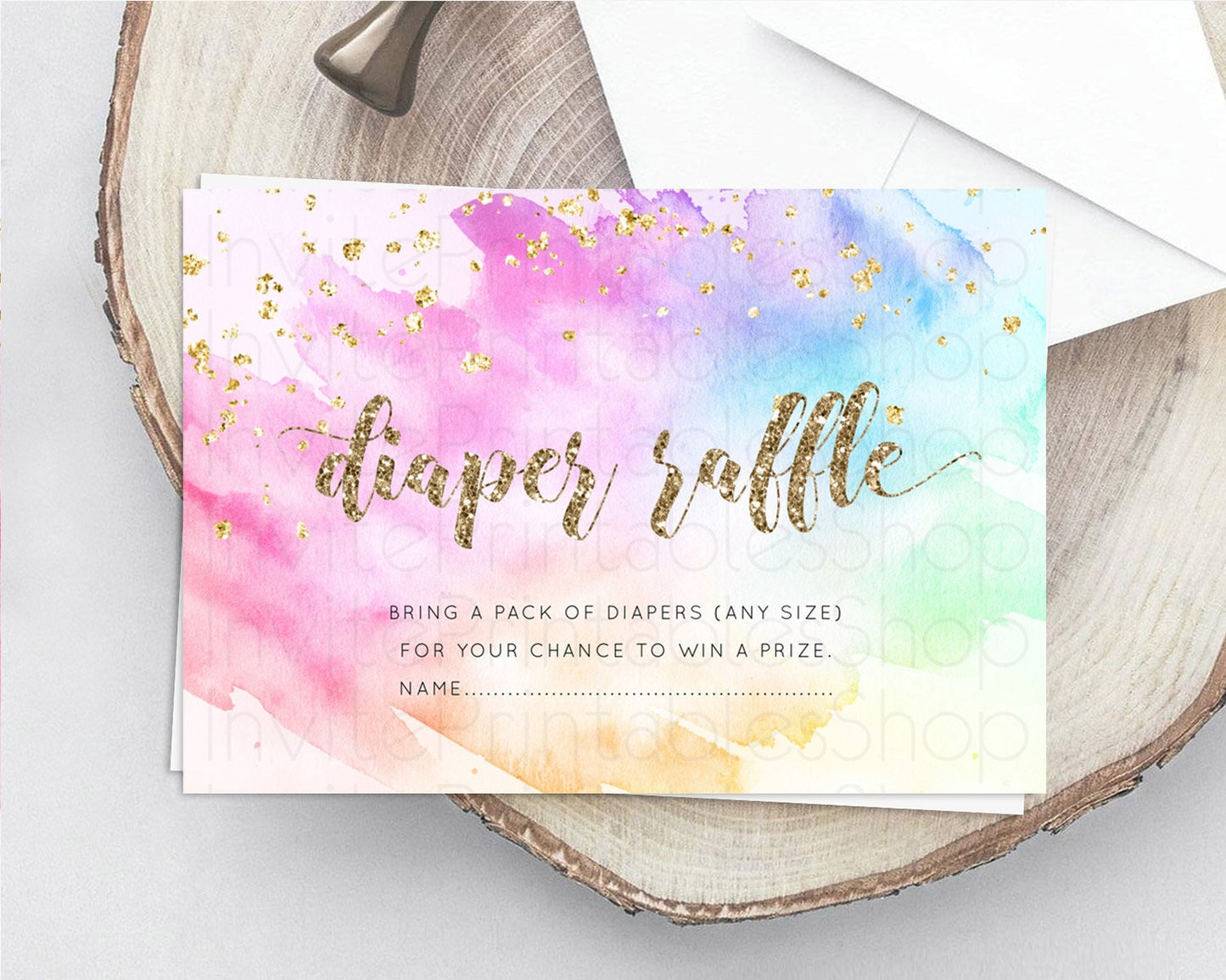 Pastel Diaper Raffle Card Pastel Rainbow Diaper Raffle Insert Colorful Ombre Watercolor Diaper Ticket Confetti Glitter Raffle Game D10450
