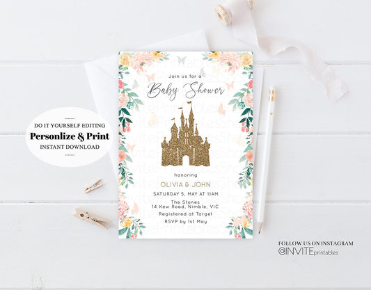 Princess Baby Shower Castle Invitation Glitter Castle Invitation Glitter Pastel Florals Secret Garden Enchanted Magical Butterflies Flutters