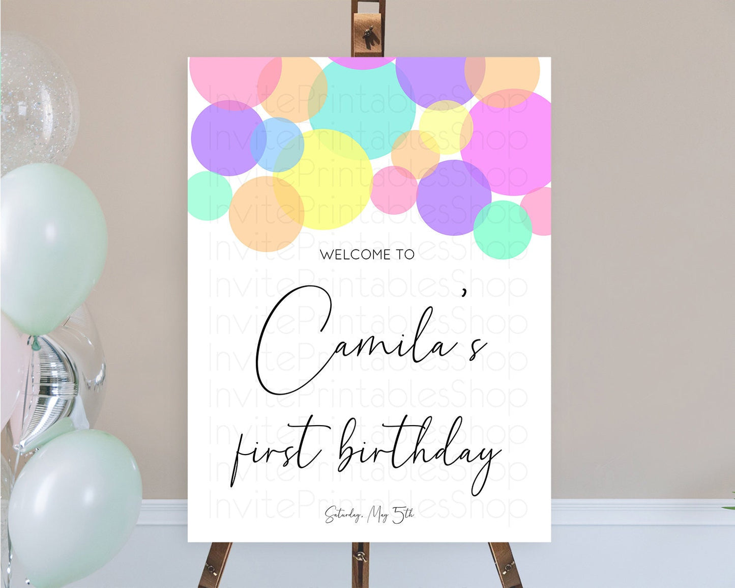 Rainbow Welcome Sign Pastel Welcome Board Pastel Rainbow Confetti Welcome Sign Colorful Bubbles Pastel First Birthday Welcome Sign D10888