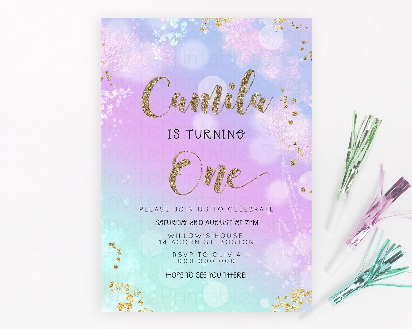 Rainbow Birthday Invitation Colorful Pastel Watercolor Invitation Gold Glitter Sprinkles Ombre Pastel 1st 2nd 3rd Birthday D23127