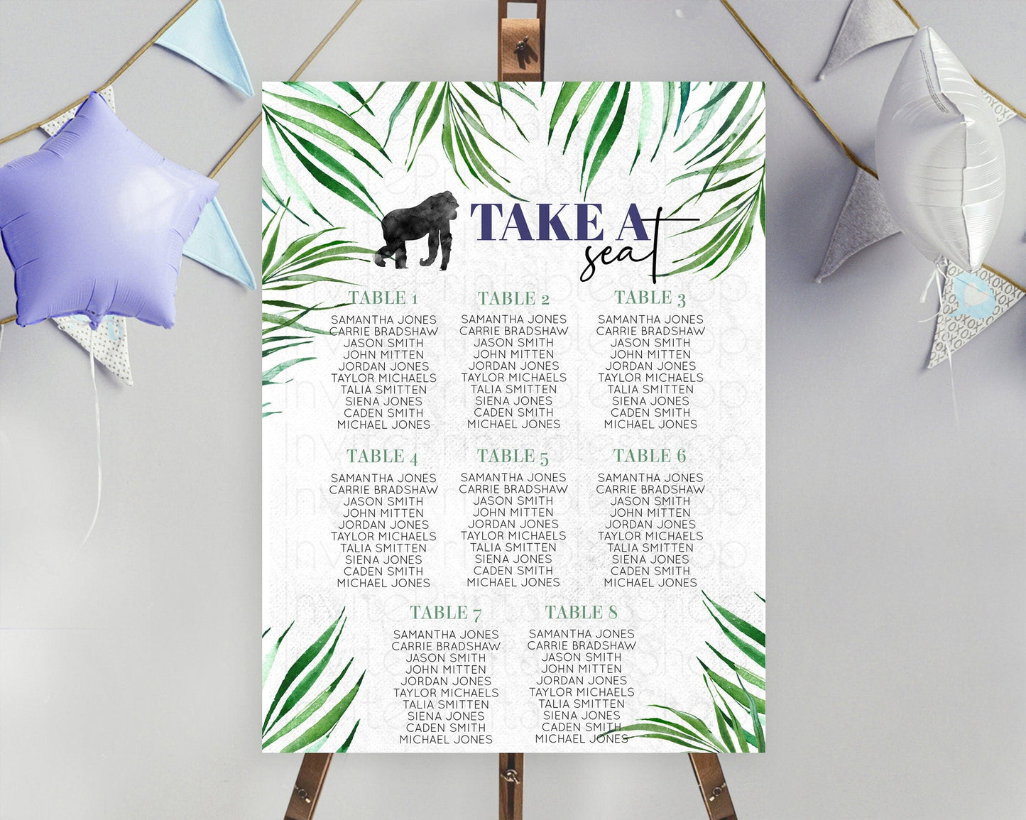 Gorilla Seating Chart Jungle Gorilla Seating Sign Gorilla Party Decor Gorilla Jungle Adventure Zoo Green Palm Leaf Fern Take A Seat D10840