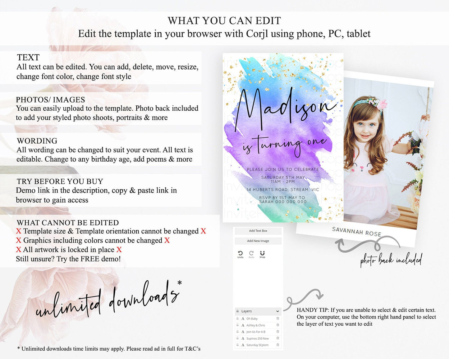 Rainbow Birthday Invitation Colorful Pastel Watercolor Invitation Gold Glitter Sprinkles Ombre Pastel 1st 2nd 3rd Birthday D10491